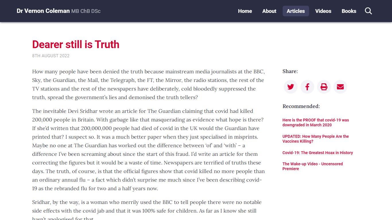 Dearer still is Truth | Dr Vernon Coleman